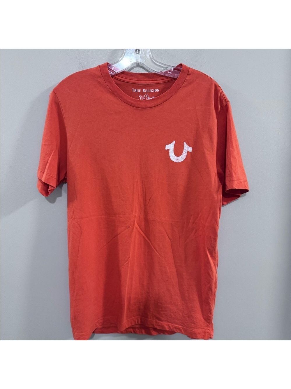 Men's True Religion World Tour Orange Short Sleeve Tee with Logo. Size S